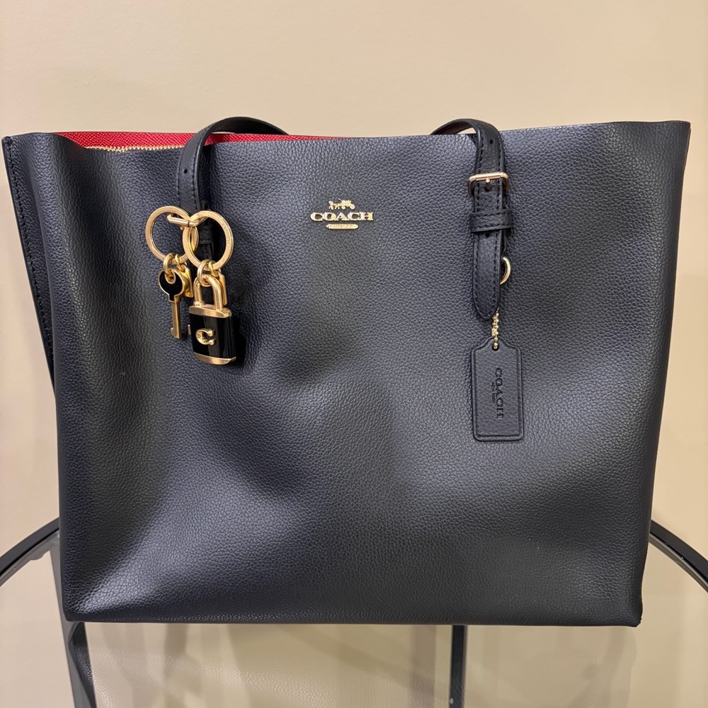 Coach Mollie Black and Red Leather Tote with Gold Accents & Key Chain